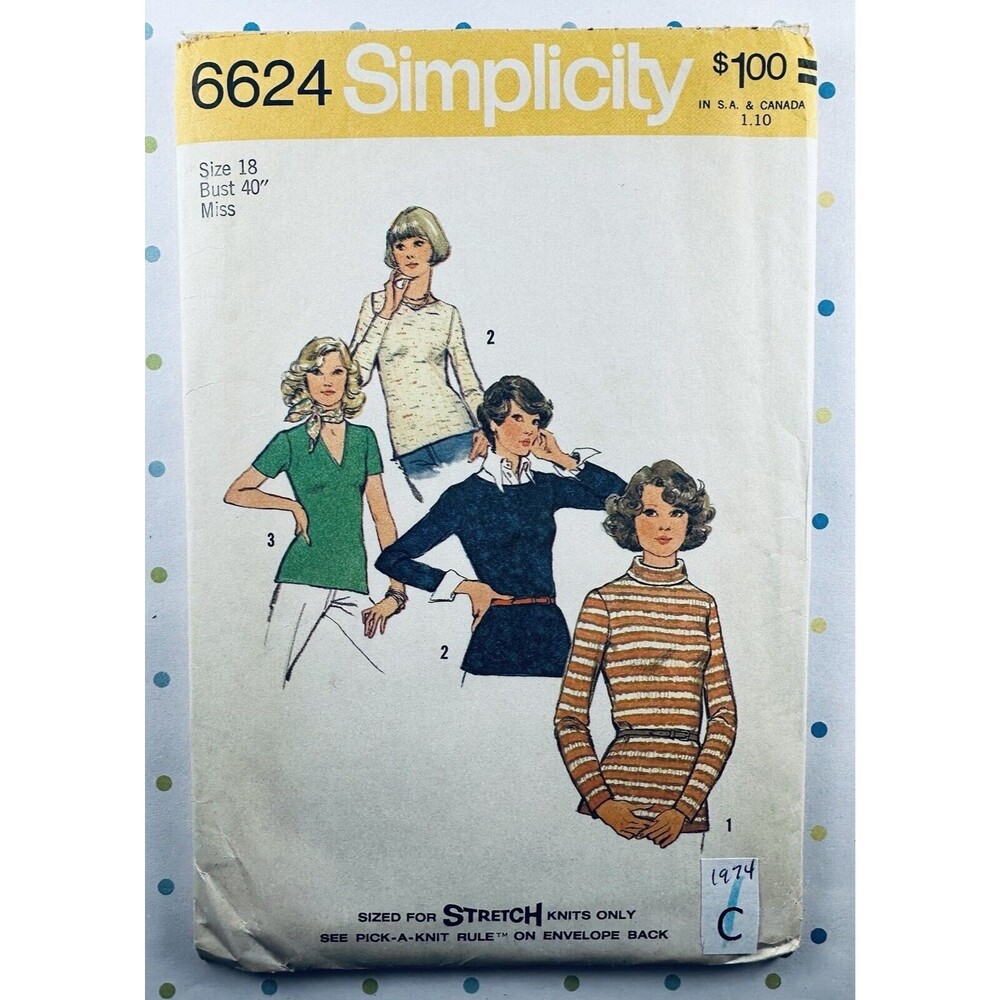 1970s Simplicity 6624 Sewing Pattern Womens Plus Sz 18 Stretch Knit Tops Cut